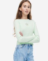 23U2-064 H&M Short Ribbed Cotton Jersey Top - Áo thun bé gái